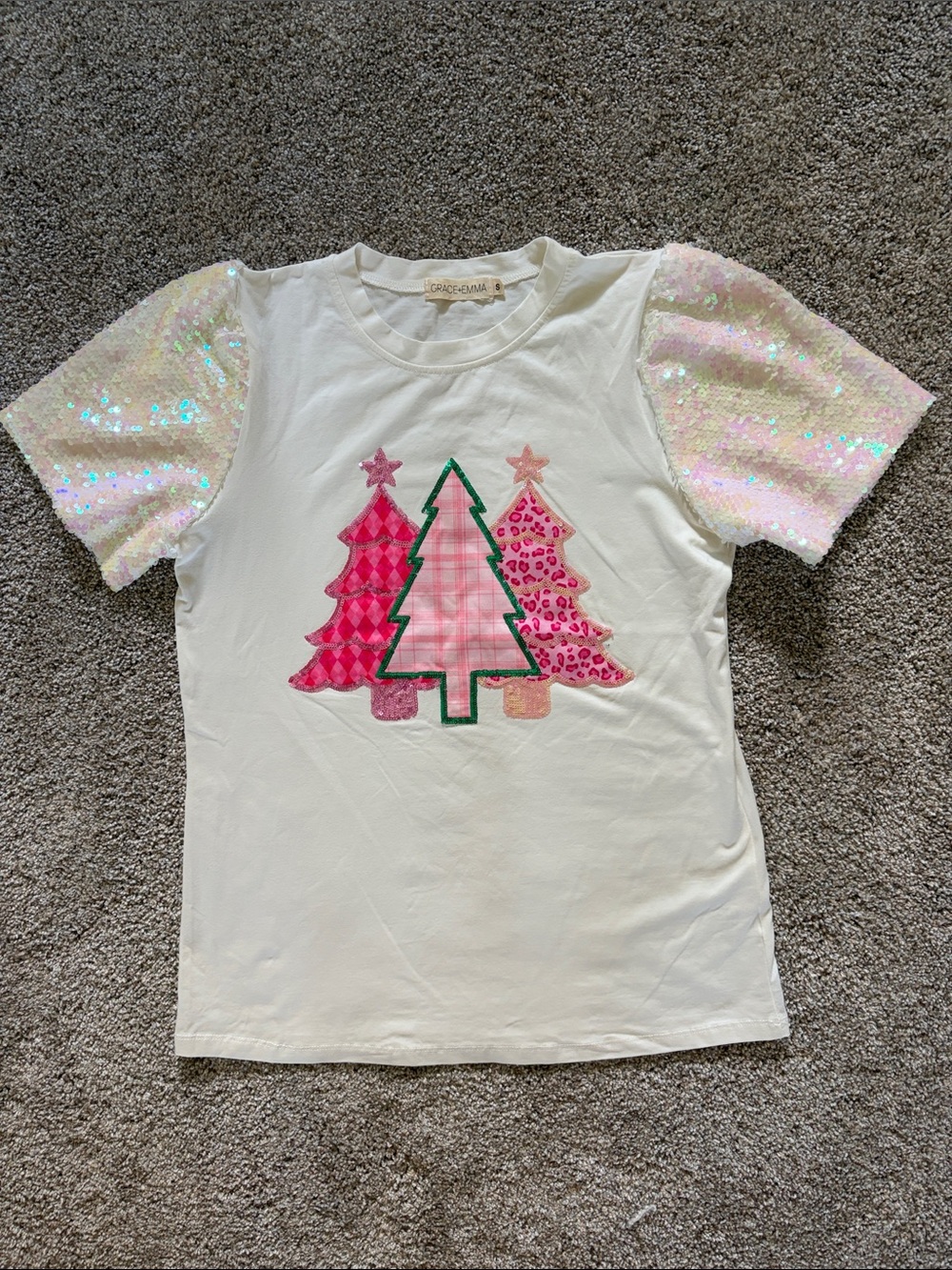 Grace + Emma Christmas Tree Tee with Iridescent Pink Sequin Sleeves